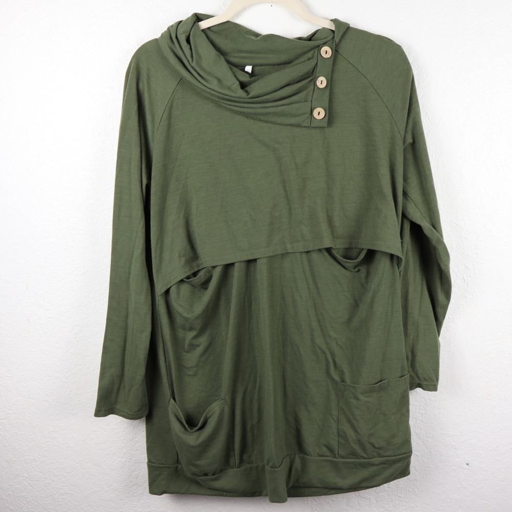 Olive Green Cowl Neck Button‎ Detail Long Sleeve Nursing Mother Top with Pockets